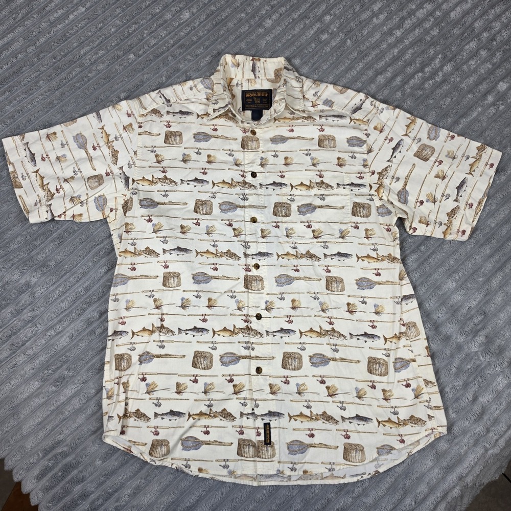 Vintage Woolrich Button Up Shirt Mens XL Tan Fish All Over Print Outdoor Casual
